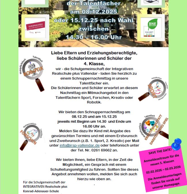 Einladung Schnuppernachmittage Talentfächer